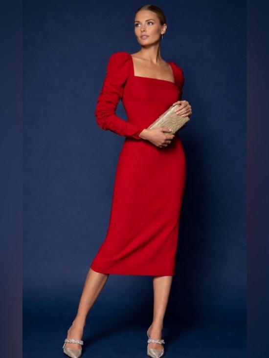 ANTONIO MELANI Dresses & Skirts - Elena Crepe Square Neck Long Ruched Sleeves Midi Dress